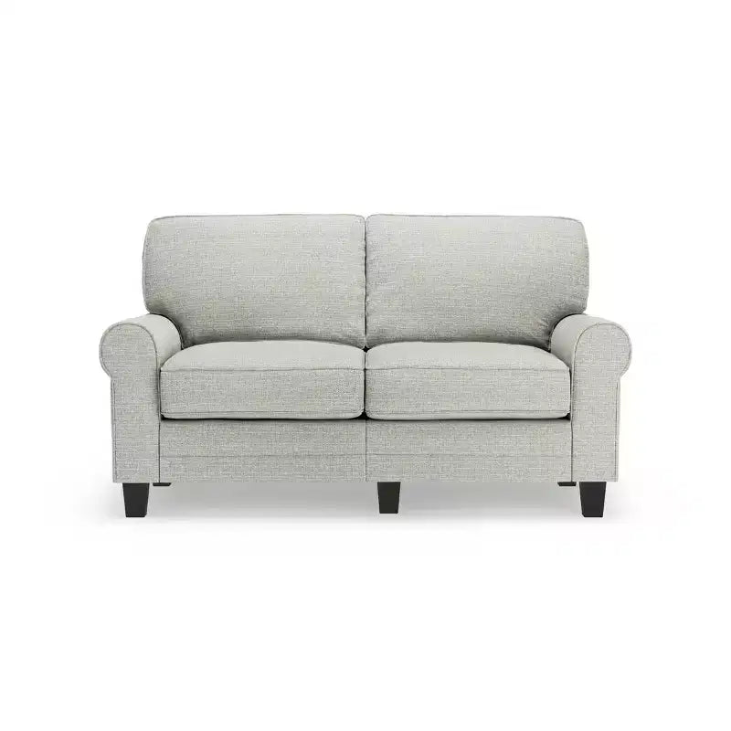 Causeuse de 61 po avec accoudoirs arrondis, coussins moelleux et cadre en bois franc