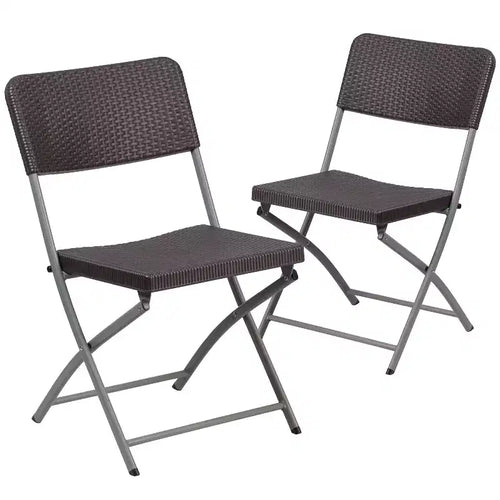 Flash Furniture 2 Pack HERCULES Series Brown Rattan Plastic Folding Chair with Gray Frame