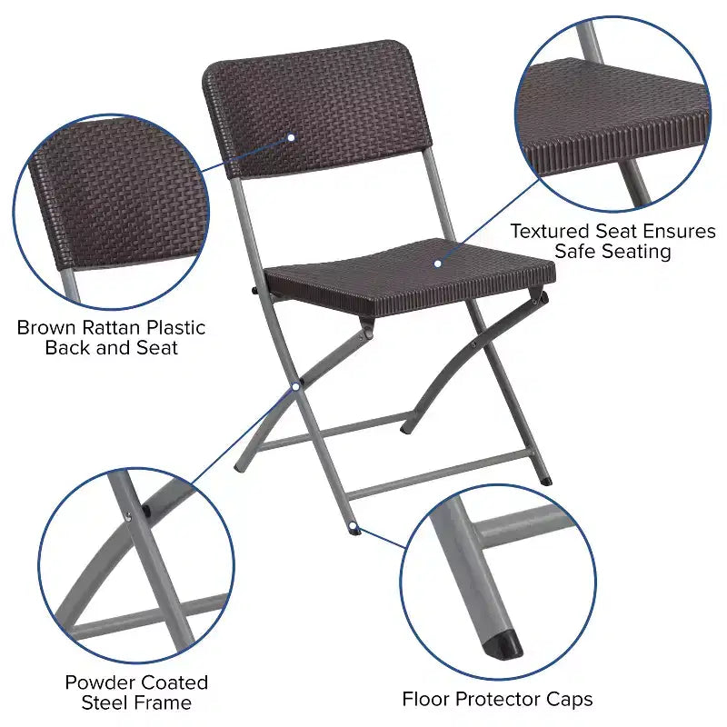 Chaise pliante en plastique rotin marron (lot de 2) avec cadre en acier gris, capacité de 200 kg
