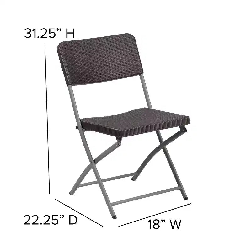 Chaise pliante en plastique rotin marron (lot de 2) avec cadre en acier gris, capacité de 200 kg