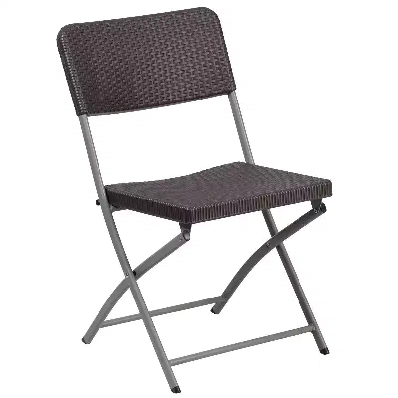 Chaise pliante en plastique rotin marron (lot de 2) avec cadre en acier gris, capacité de 200 kg