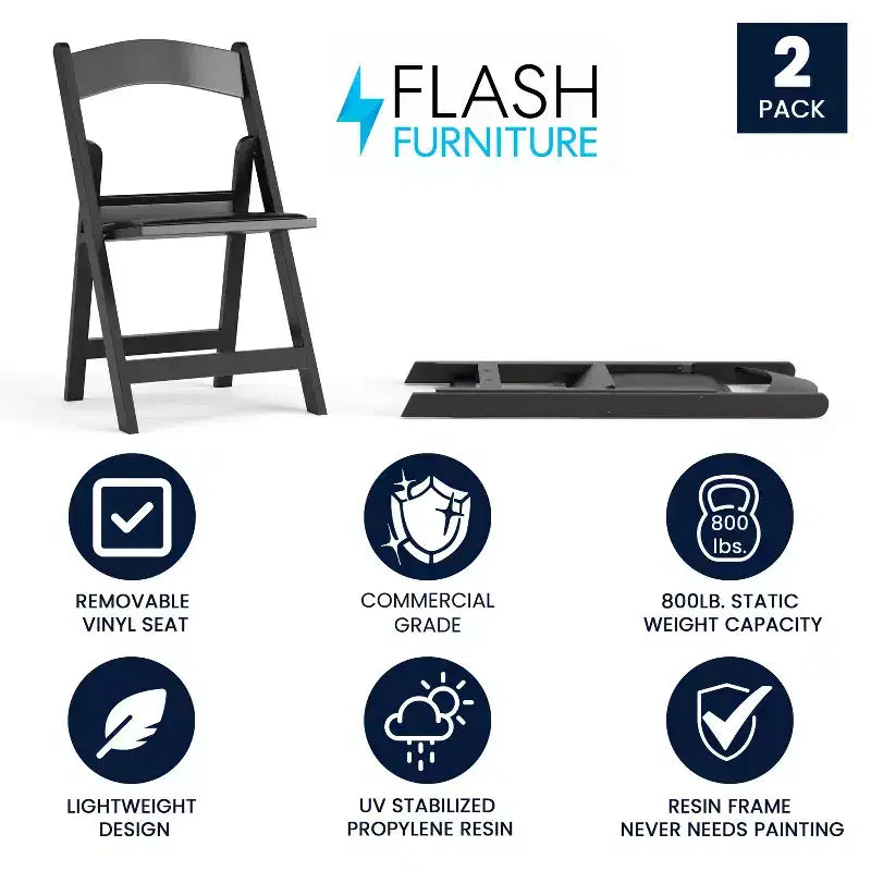 Lot de 2 chaises pliantes en résine, capacité de charge de 360 kg, chaises événementielles intérieures/extérieures