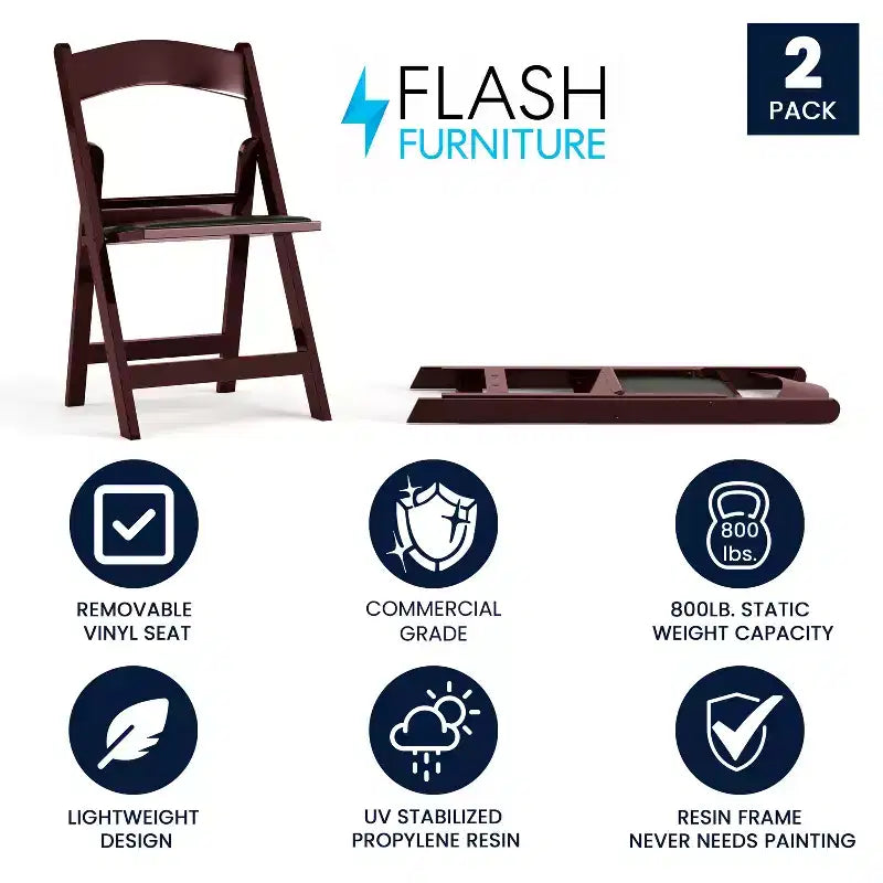 Lot de 2 chaises pliantes en résine, capacité de charge de 360 kg, chaises événementielles intérieures/extérieures