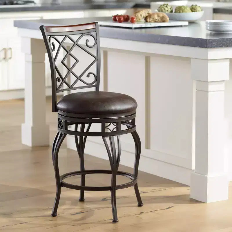 Tabouret de bar pivotant en bronze, hauteur comptoir 65 cm, coussin traditionnel en similicuir avec dossier et repose-pieds