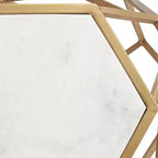 Table d'appoint hexagonale moderne en métal doré de 52 cm avec plateau en marbre blanc véritable