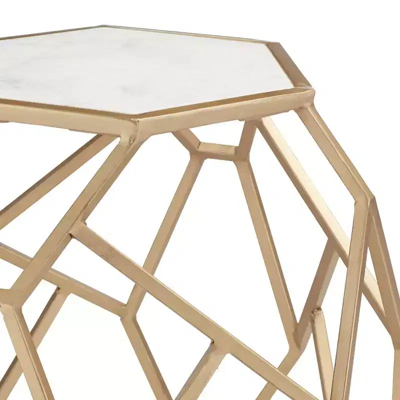 Table d'appoint hexagonale moderne en métal doré de 52 cm avec plateau en marbre blanc véritable