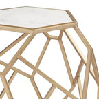 Table d'appoint hexagonale moderne en métal doré de 52 cm avec plateau en marbre blanc véritable