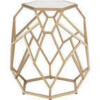Table d'appoint hexagonale moderne en métal doré de 52 cm avec plateau en marbre blanc véritable