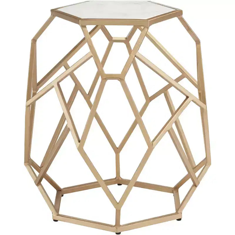 Table d'appoint hexagonale moderne en métal doré de 52 cm avec plateau en marbre blanc véritable