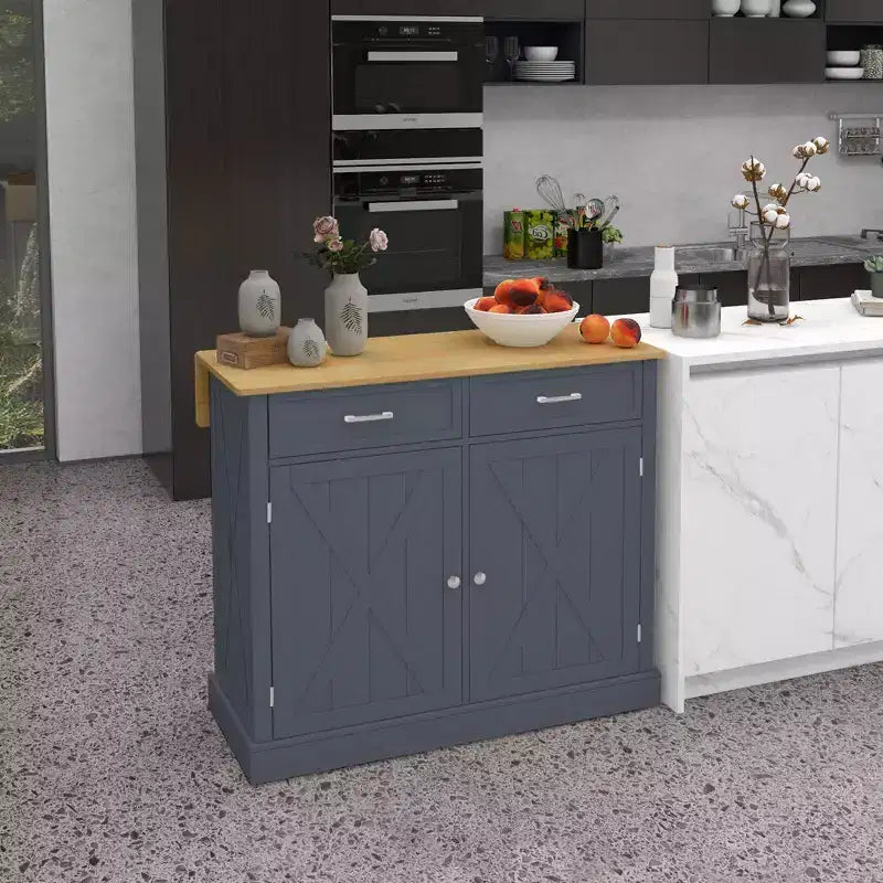 Îlot de cuisine roulant avec bar de petit-déjeuner en bois à abattant, chariot de cuisine de ferme avec 2 tiroirs, étagères réglables pour salle à manger