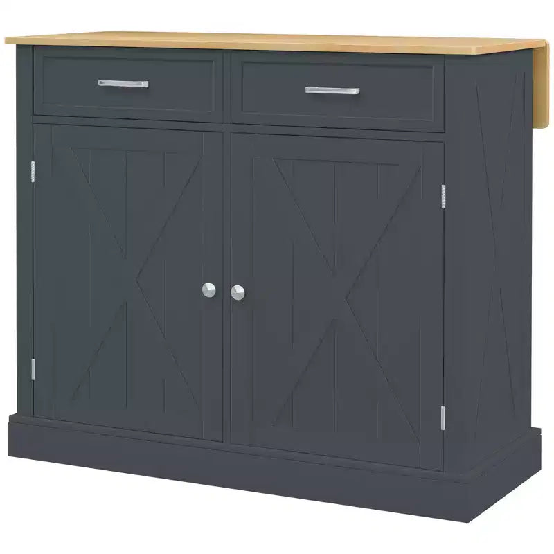 Îlot de cuisine roulant avec bar de petit-déjeuner en bois à abattant, chariot de cuisine de ferme avec 2 tiroirs, étagères réglables pour salle à manger